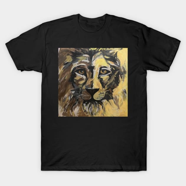 Abstract Lion Face Yellow Brown Painting T-Shirt by angieslittleart